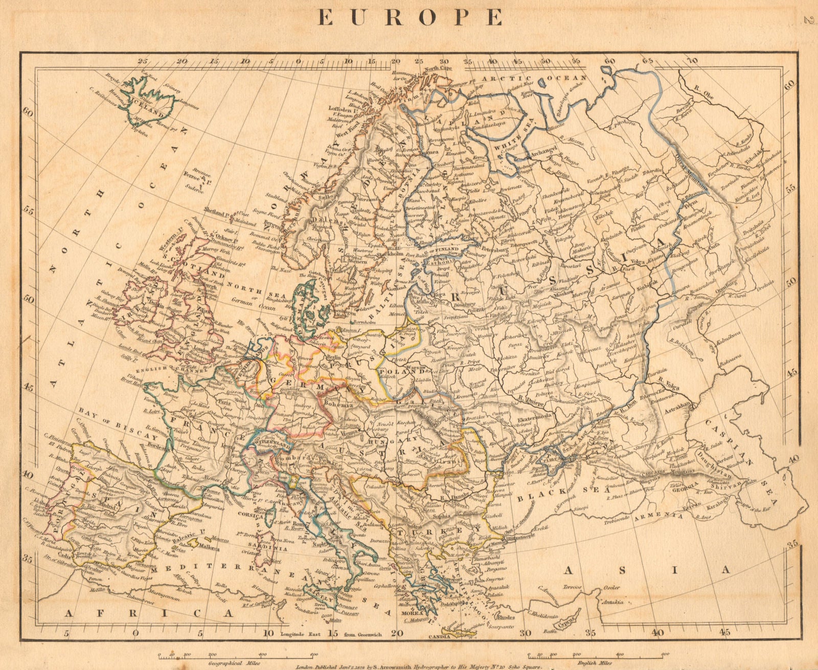 EUROPE. Italian & German states. Original outline colour. ARROWSMITH 1828 map